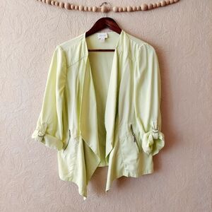 Chico’s Women’s Drape Front Jacket 3/4 Sleeve Zipper Yellow Green (1) Medium